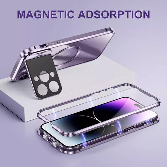 غلاف هاتف معدني فاخر مع تقنية Magsafe وحامل وحماية للعدسة