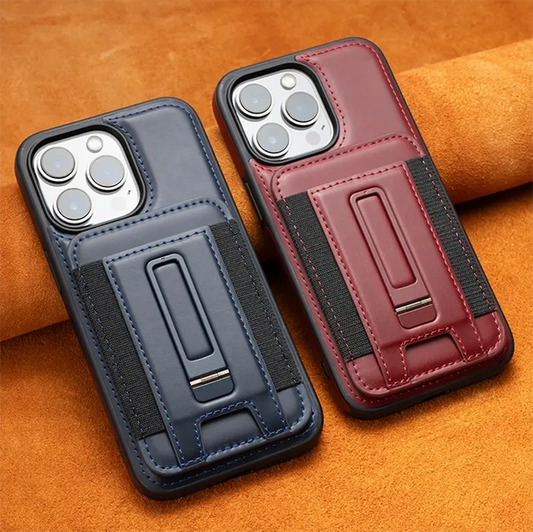 Luxury leather iPhone case with hidden stand and card pocket, available in blue and red.
